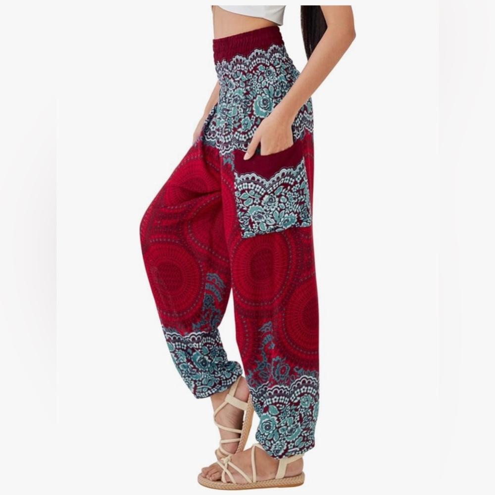 Boho Wide Leg Printed Pants in Red and Turquoise